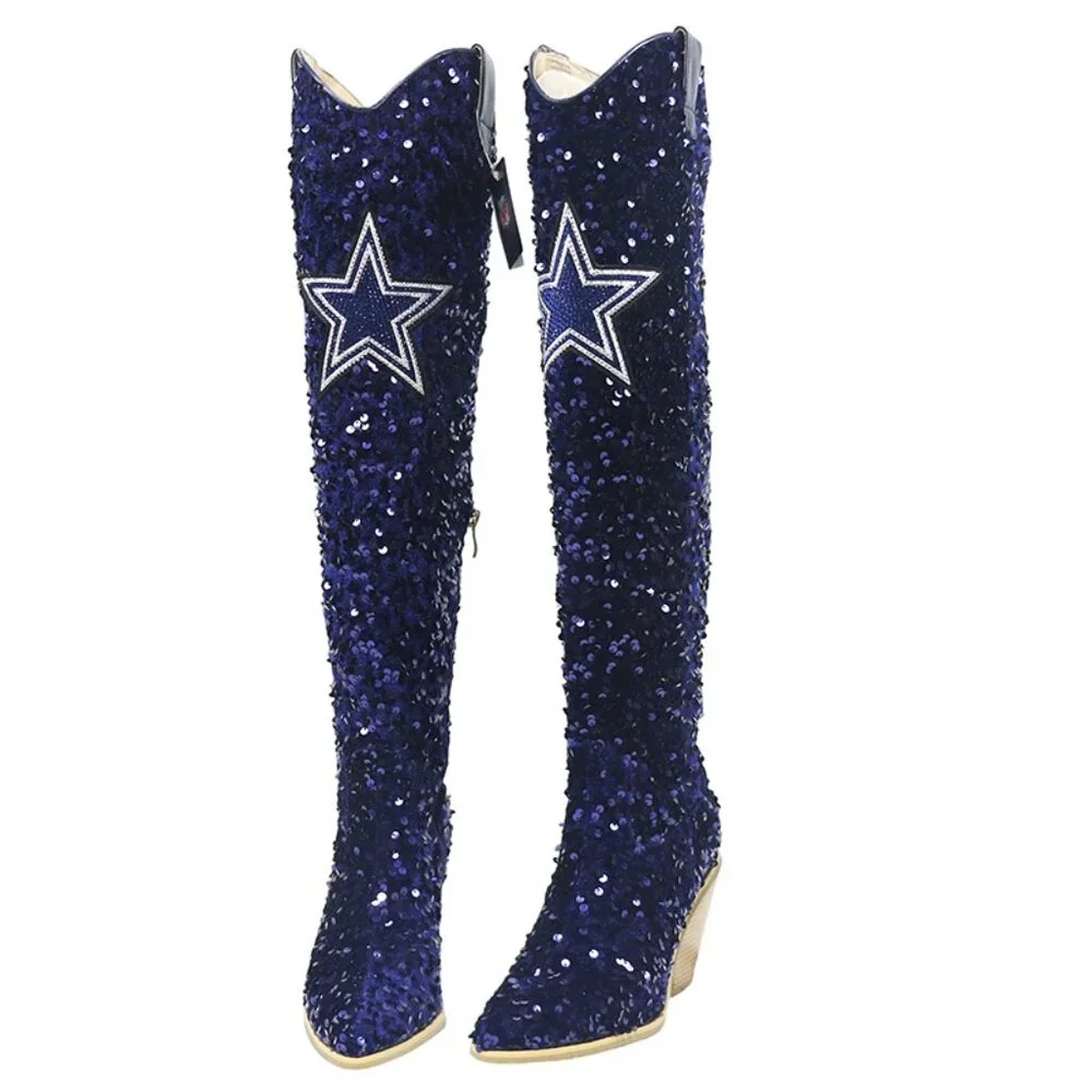 NFL Licensed Team Colored Sequin Over the Knee Boot-Dallas Cowboys - Picture 2 of 3